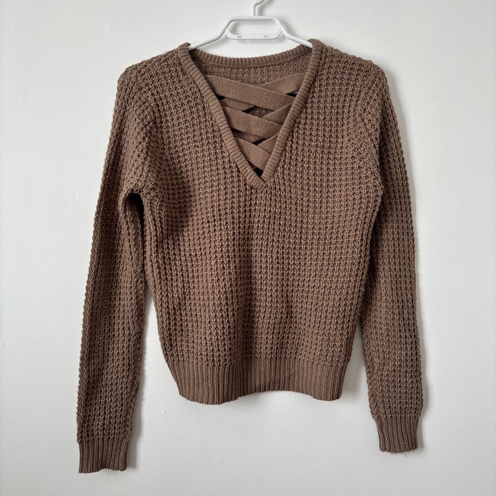 2/$20 Ambiance apparel Brown Waffle Knit Crisscross V-Neck Sweater size S